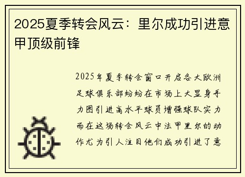 2025夏季转会风云:里尔成功引进意甲顶级前锋 2025夏季转会风云:里尔成功引进意甲顶级前锋